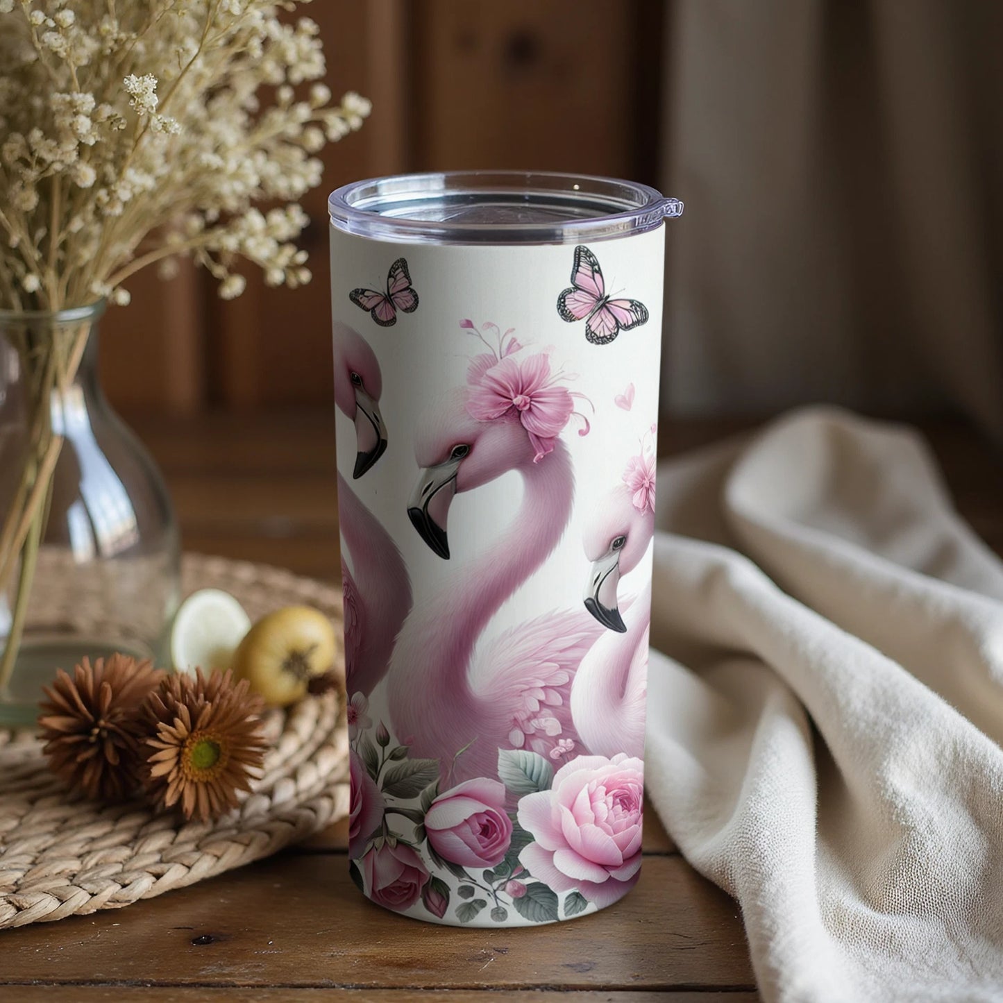 Elegant Pink Flamingos and Butterflies Design Tumbler