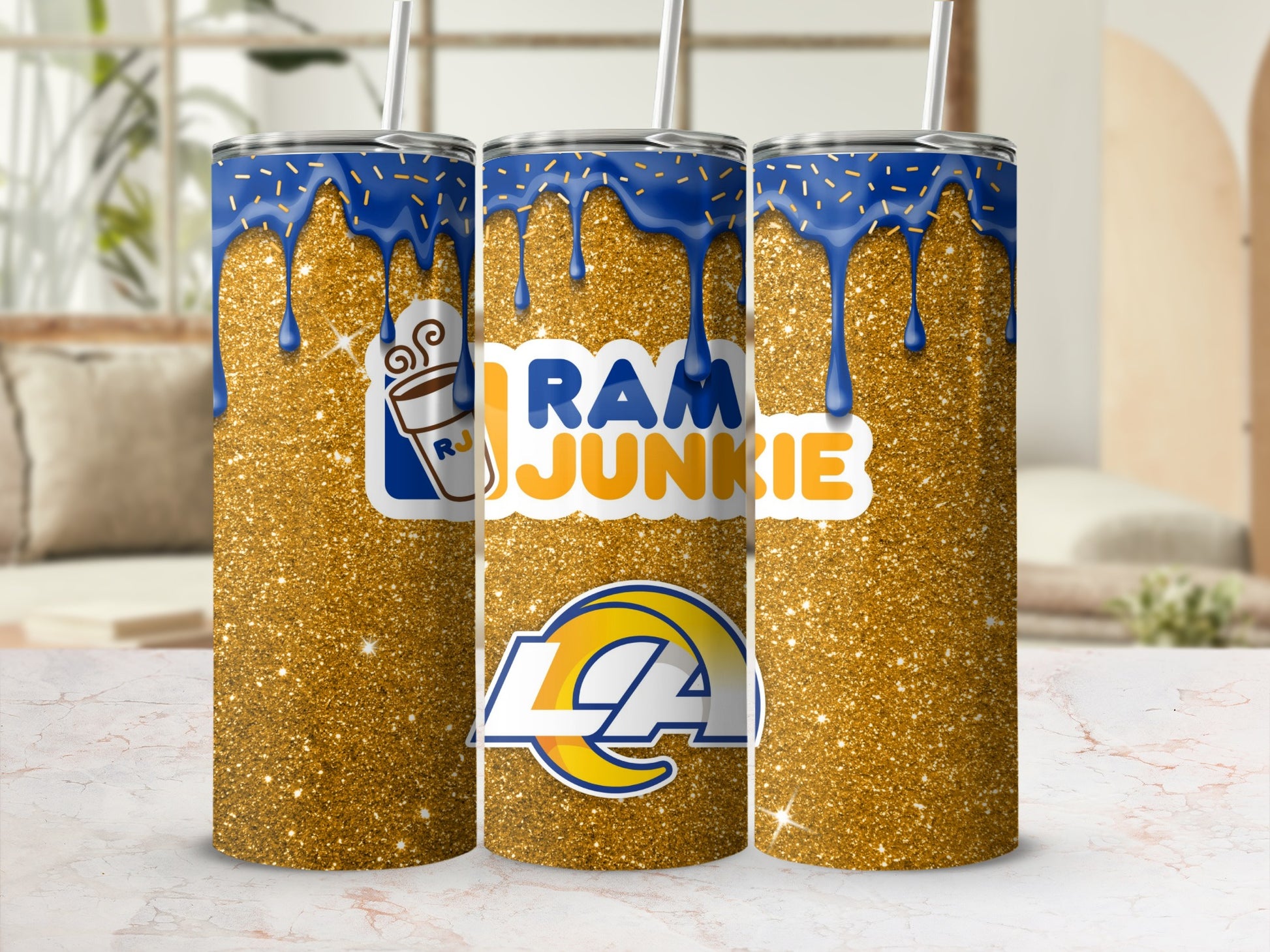 Ram Junkie Glitter and Blue Drips Design Tumbler