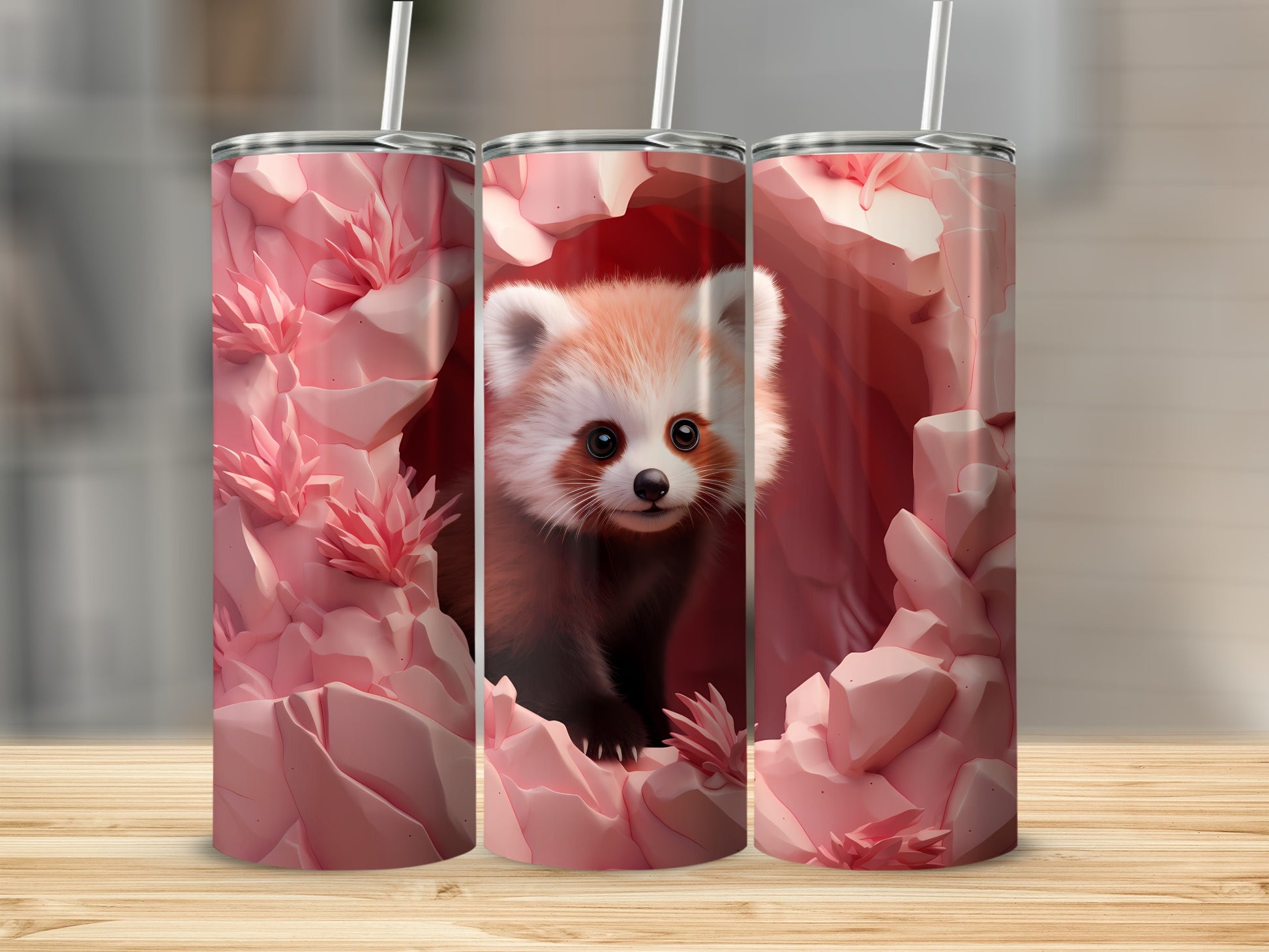 Cute Red Panda in Pink Floral Design Tumbler