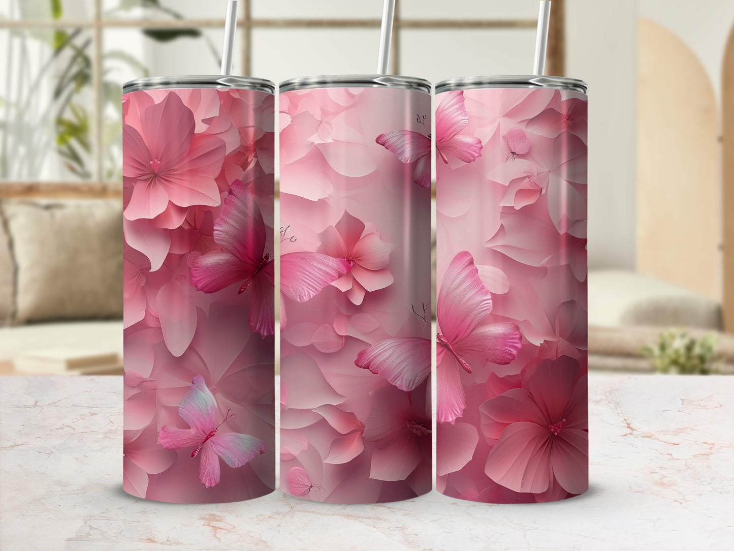 Soft Pink Floral Petal Butterflies Graphic Drinkware product type