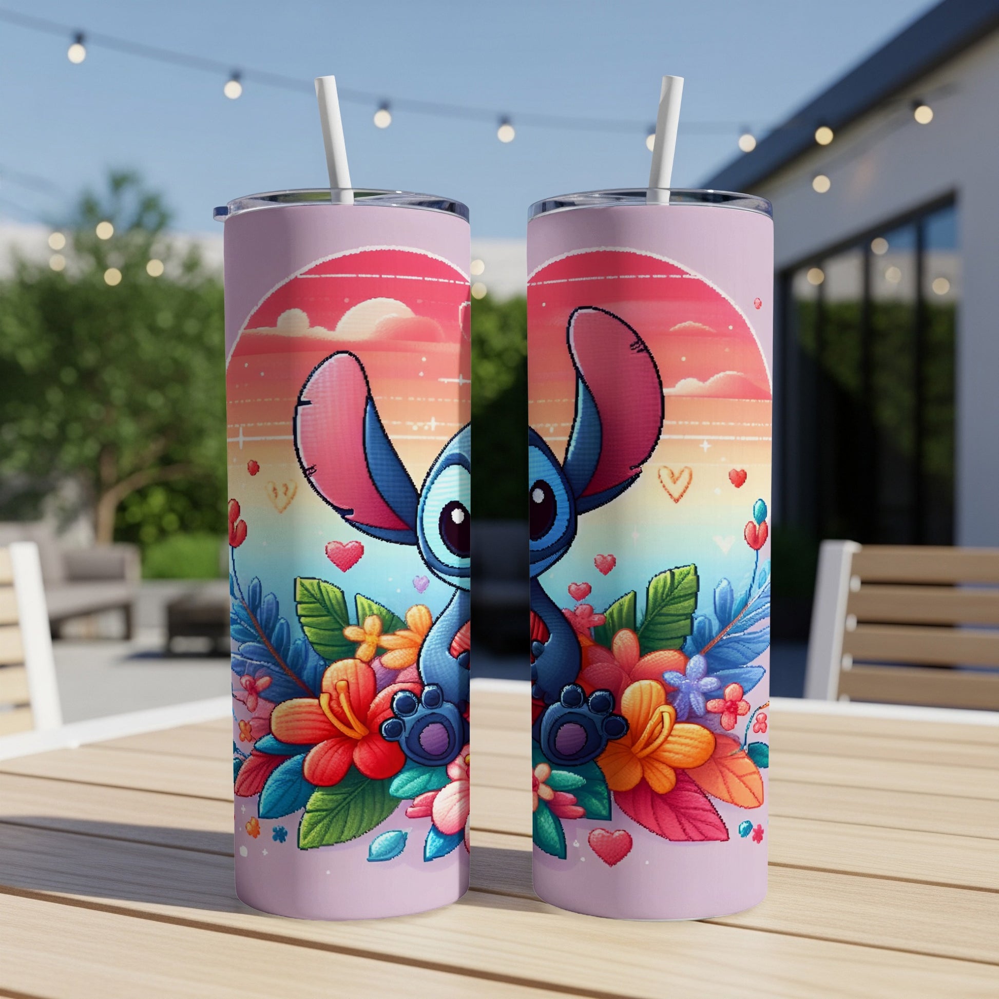 Two pink tumblers featuring Stitch from Lilo & Stitch surrounded by colorful flowers.