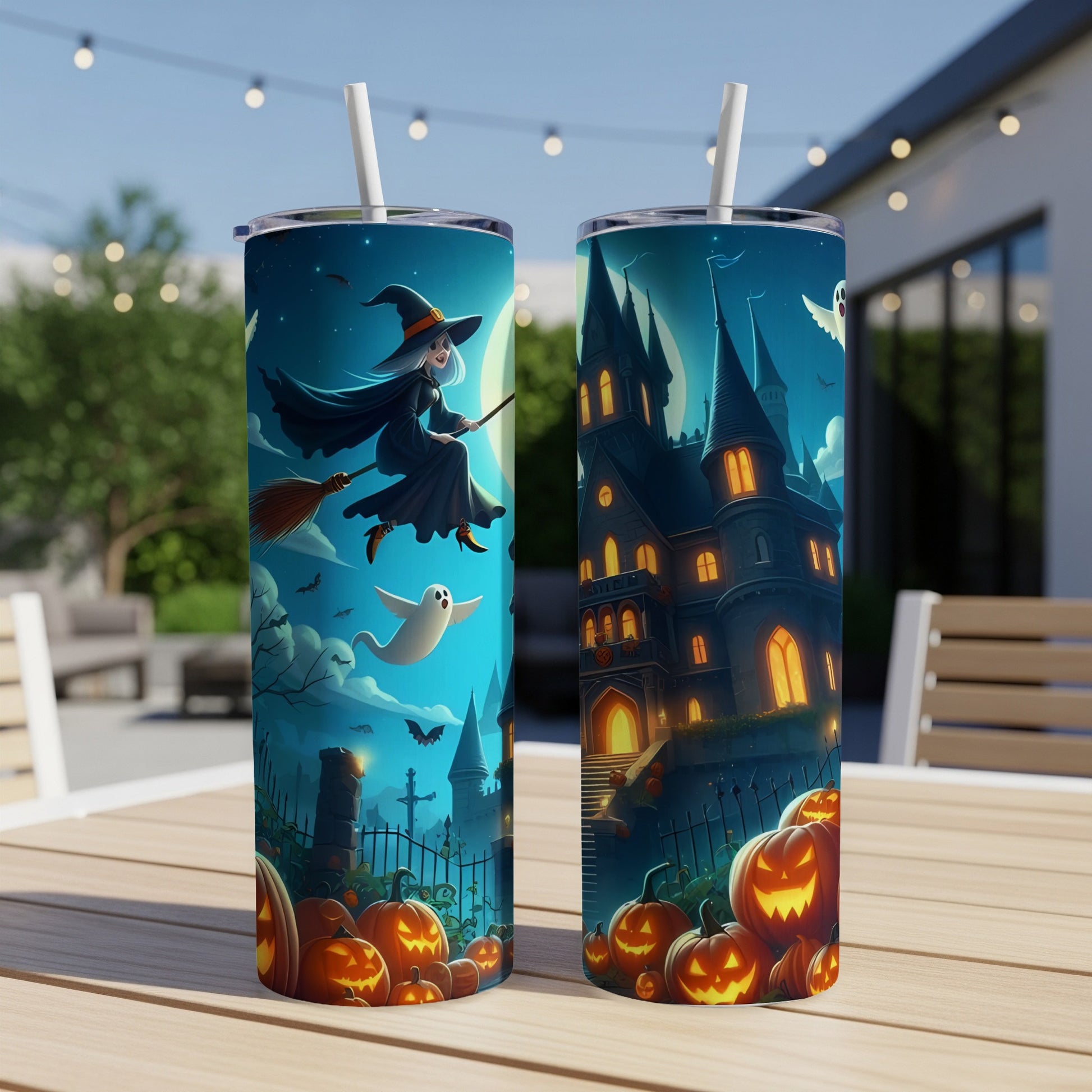 Two tumblers featuring a Halloween theme with witches, ghosts, castles, and pumpkins.