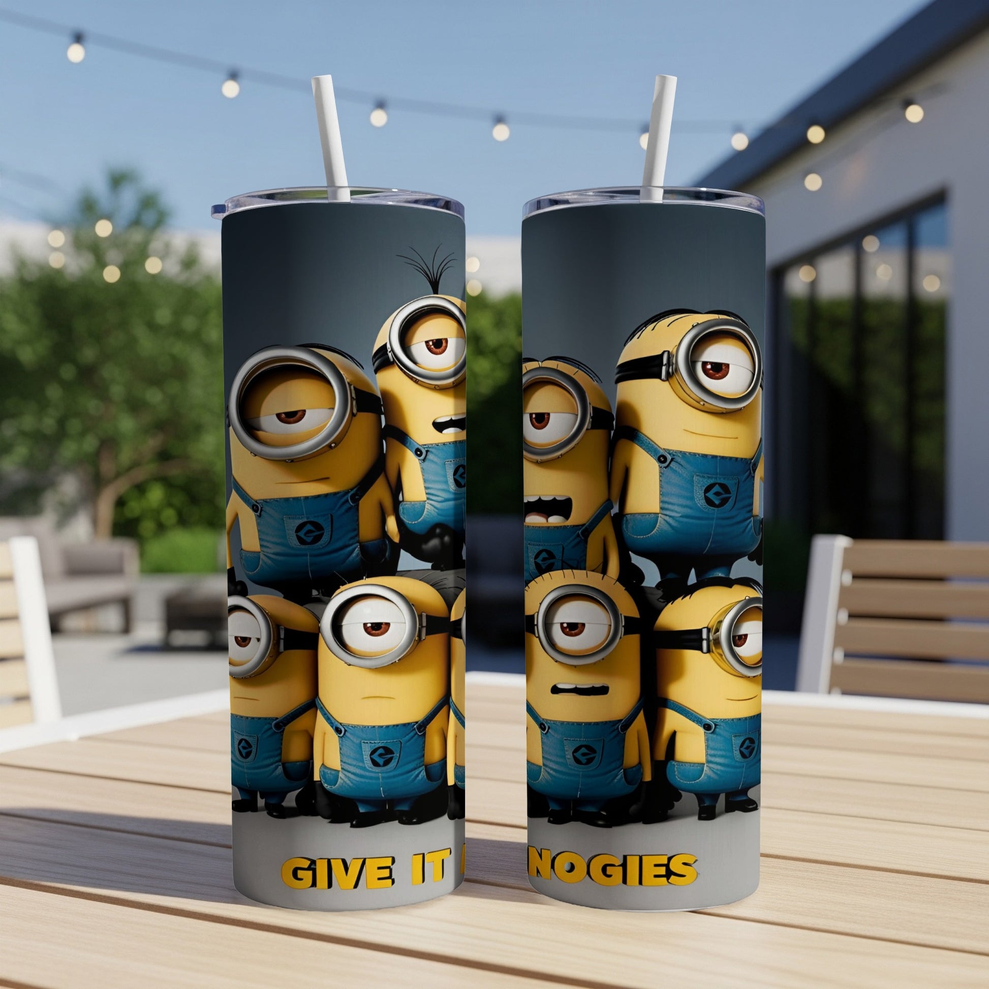Minions in overalls on a tumbler with "GIVE IT NOGIES" text.