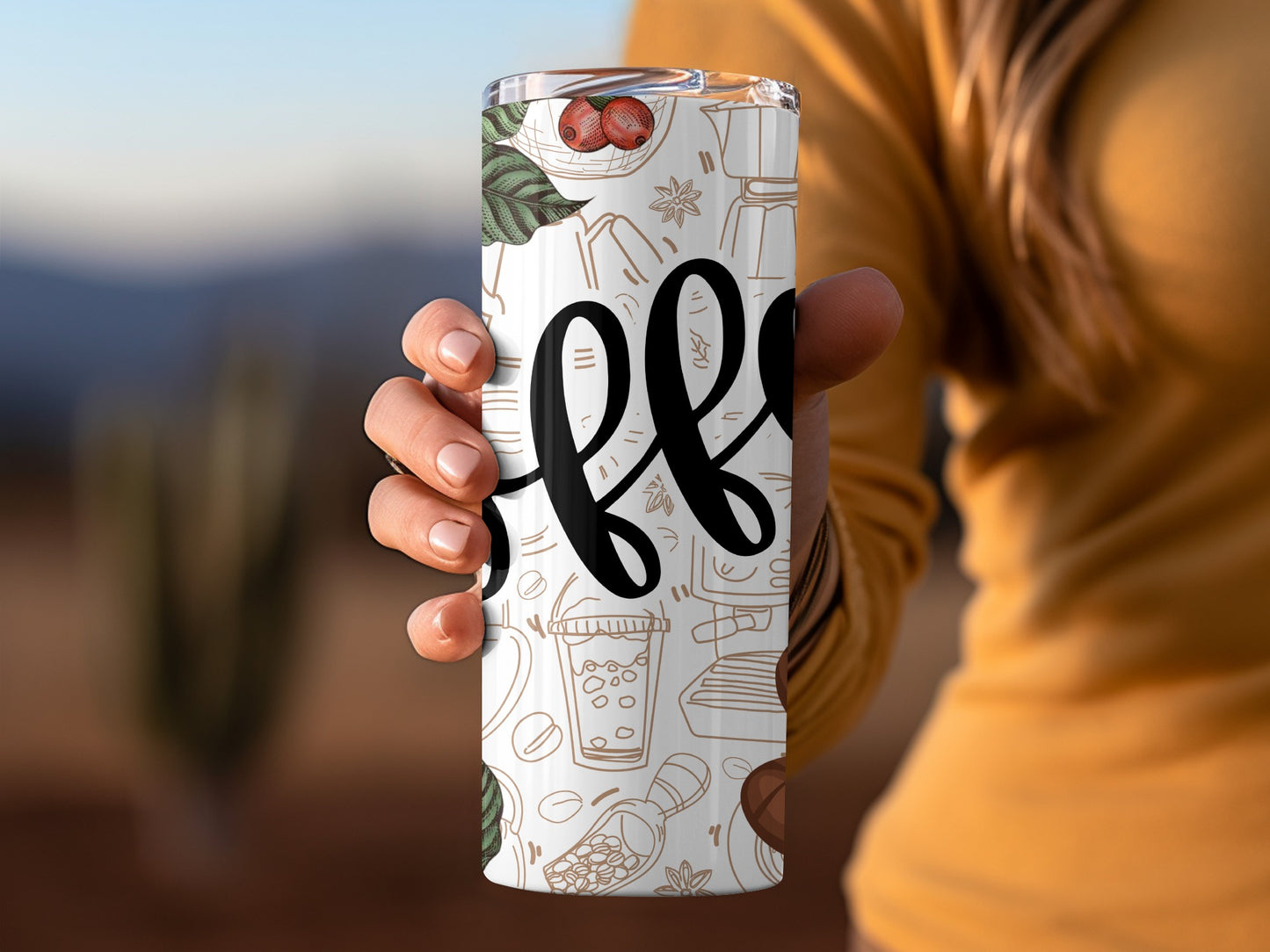 Stylish Patterned Tumbler with Coffee Theme Graphics