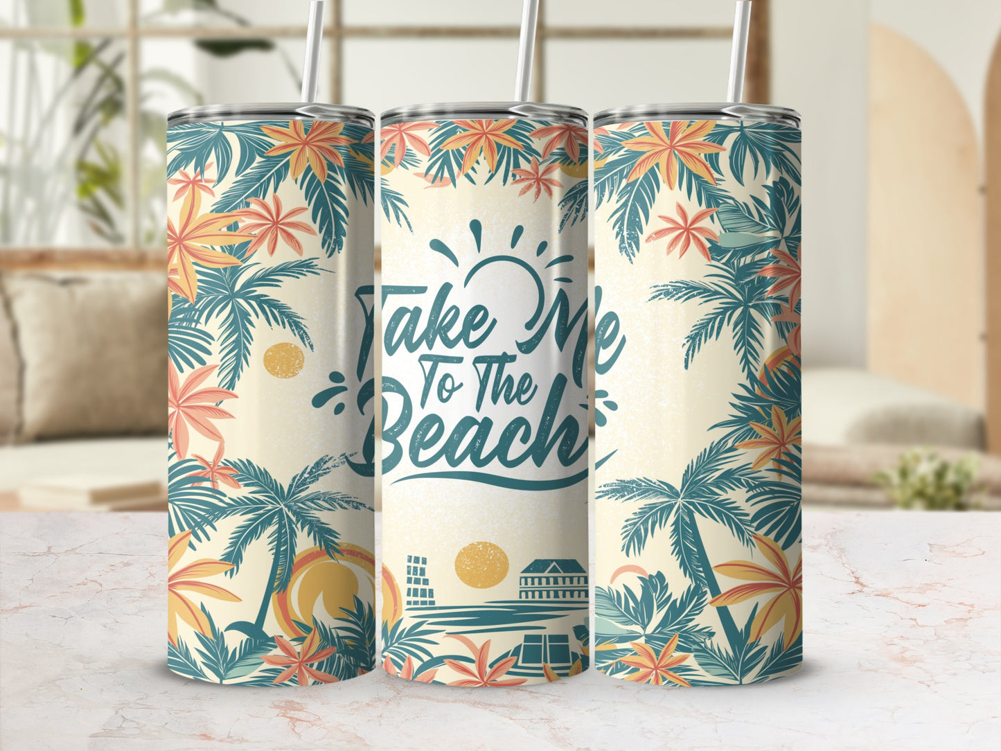 Tumbler with "Take Me To The Beach" text and palm trees.