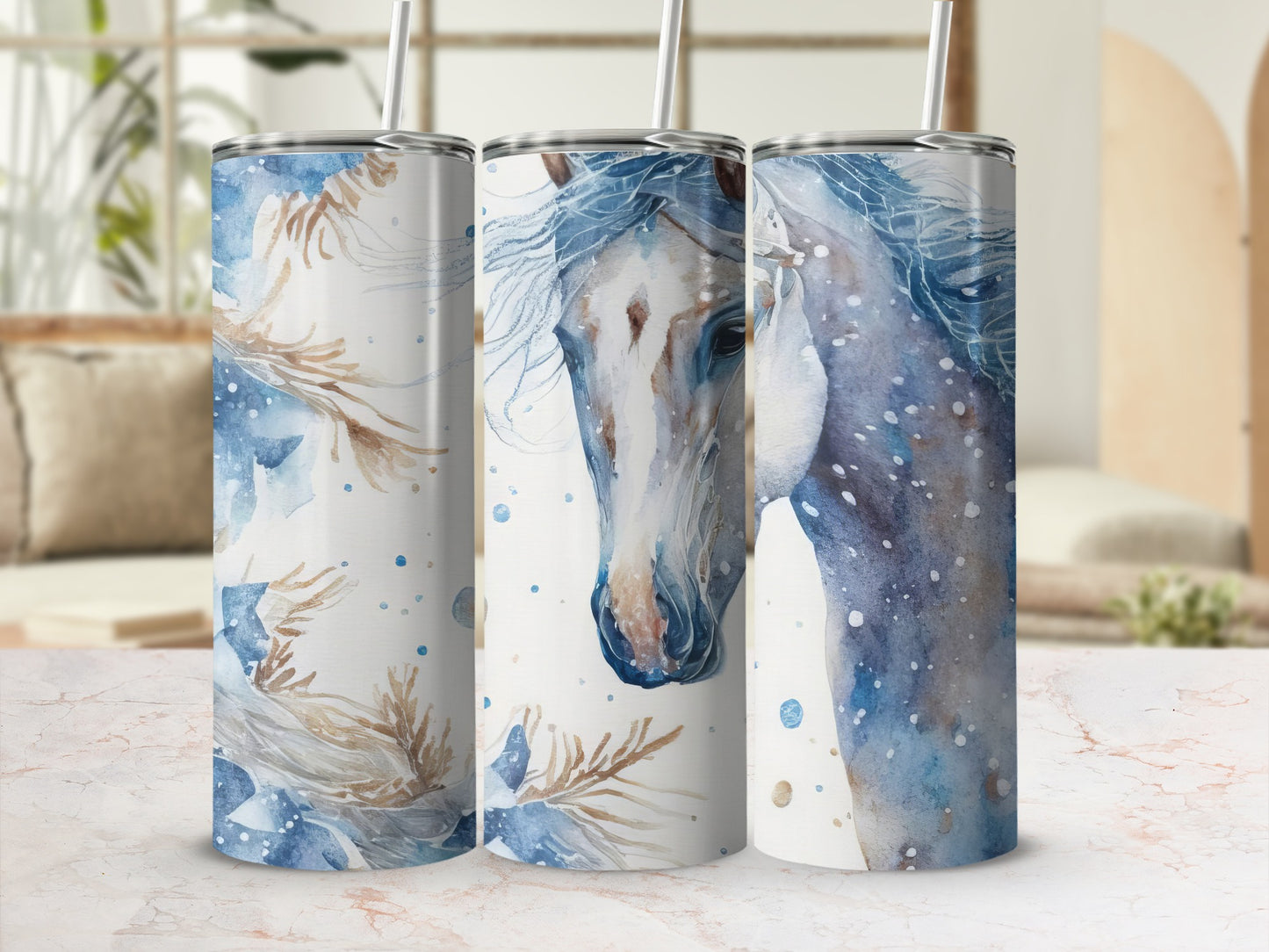 Three watercolor horse tumblers with blue and white floral accents.