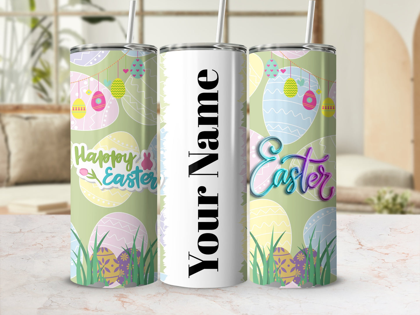 Personalized Happy Easter Tumbler with Colorful Eggs