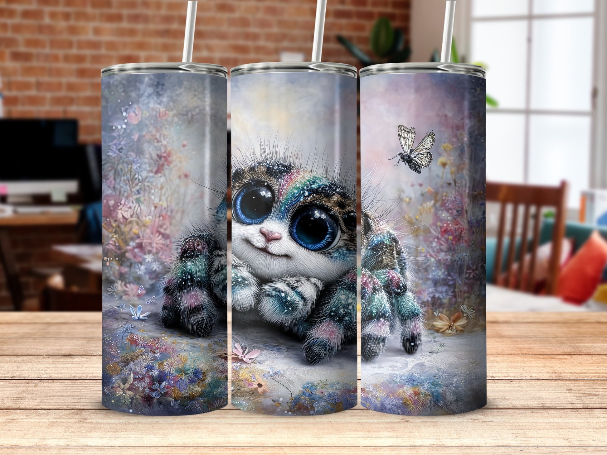 Cute blue eyed spider with butterfly tumbler