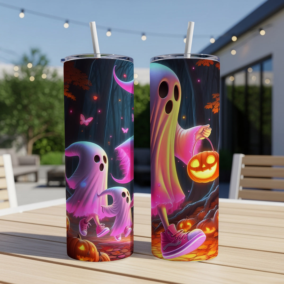 Two tumblers with Halloween ghosts and jack-o'-lanterns design.