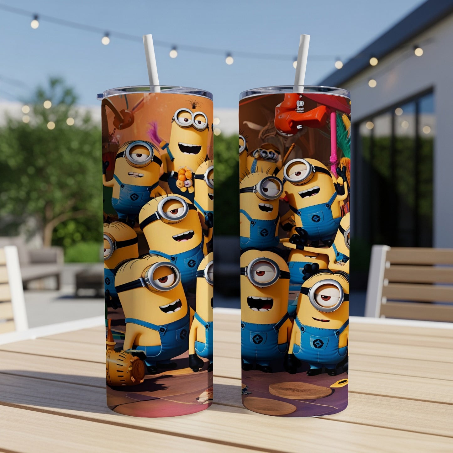 Minions characters on blue and yellow patterned stainless steel tumblers.