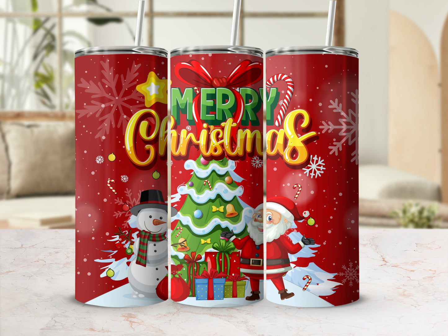 Merry Christmas Snowman Santa Tree Design tumbler