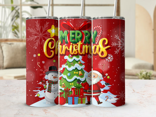 Merry Christmas Snowman Santa Tree Design tumbler