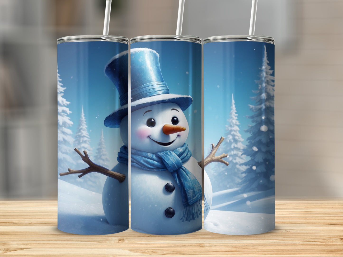 Snowman wearing a blue hat and scarf, surrounded by snowy trees.