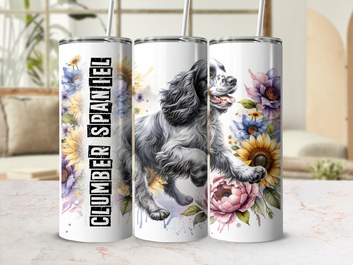 Clumber Spaniel with sunflowers and peonies on a white tumbler.