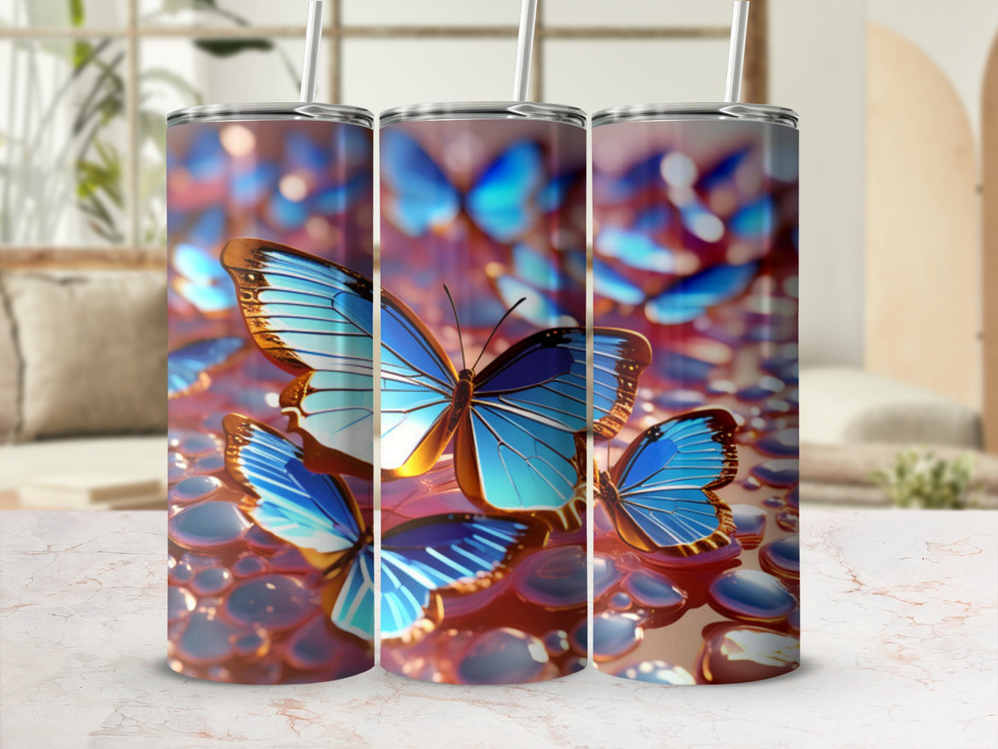 Blue butterflies on a shimmering, reflective surface.