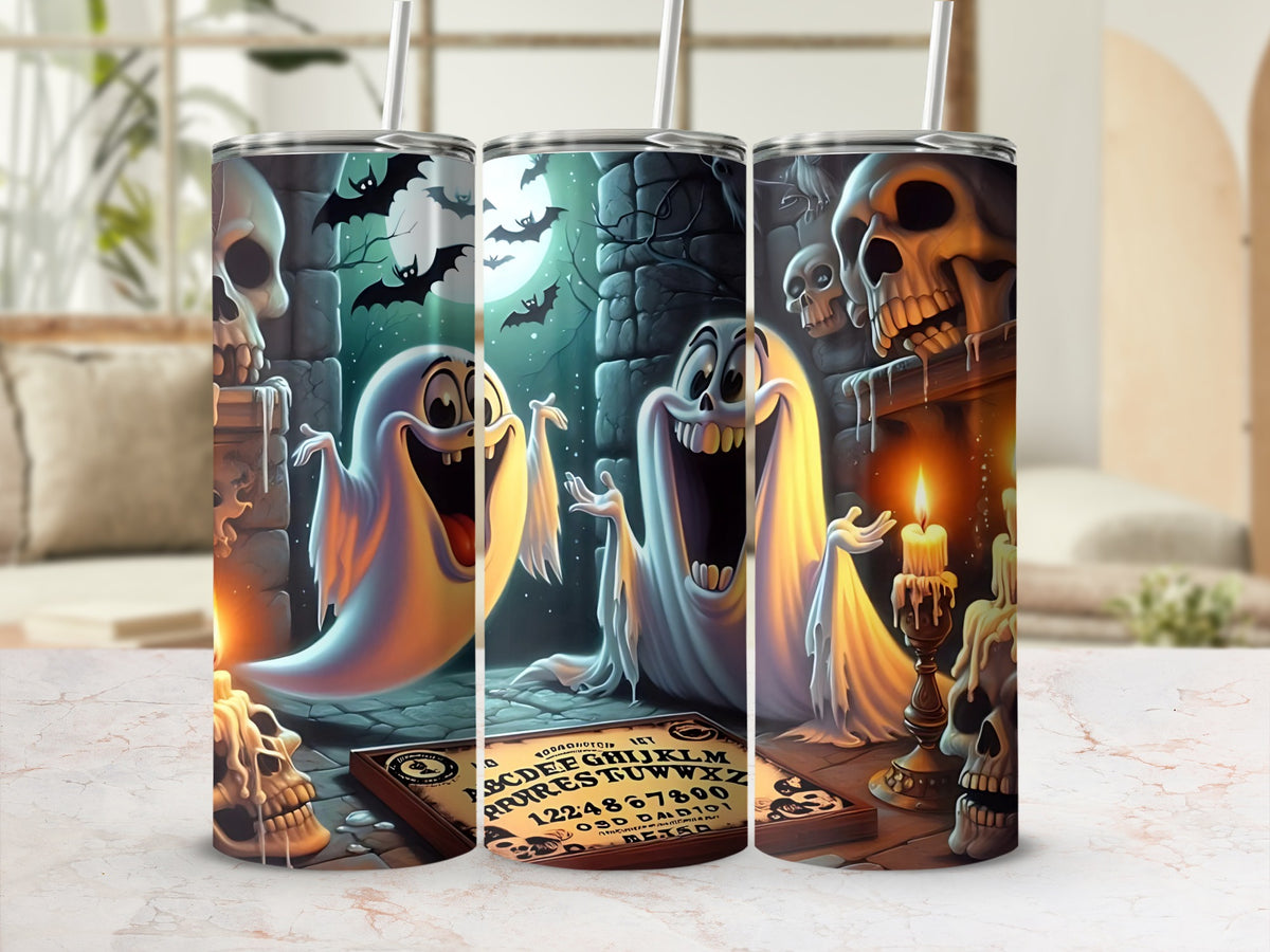 Three tumblers with a spooky Halloween design featuring ghosts, skulls, bats, and a ouija board.