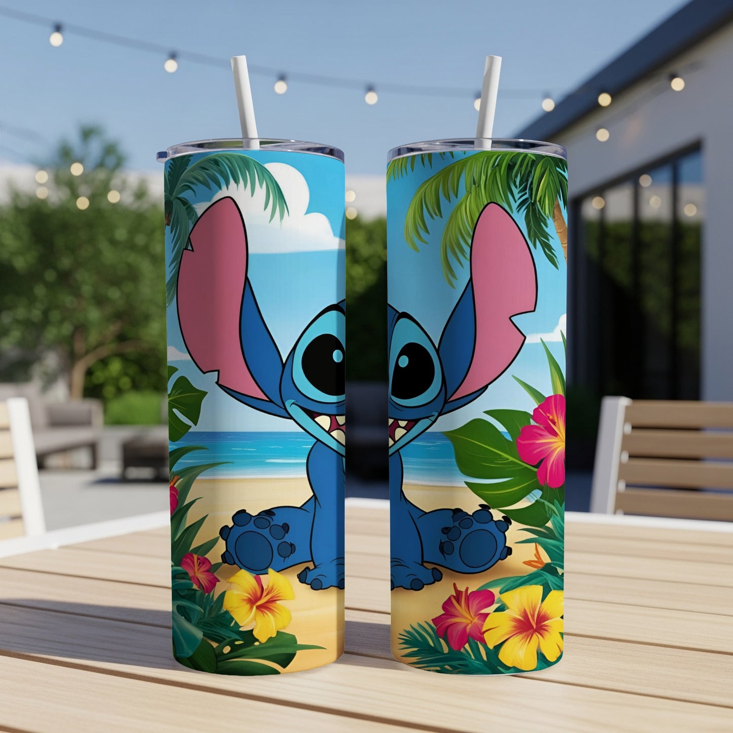 Stitch character on a tropical beach scene, printed on a tumbler.