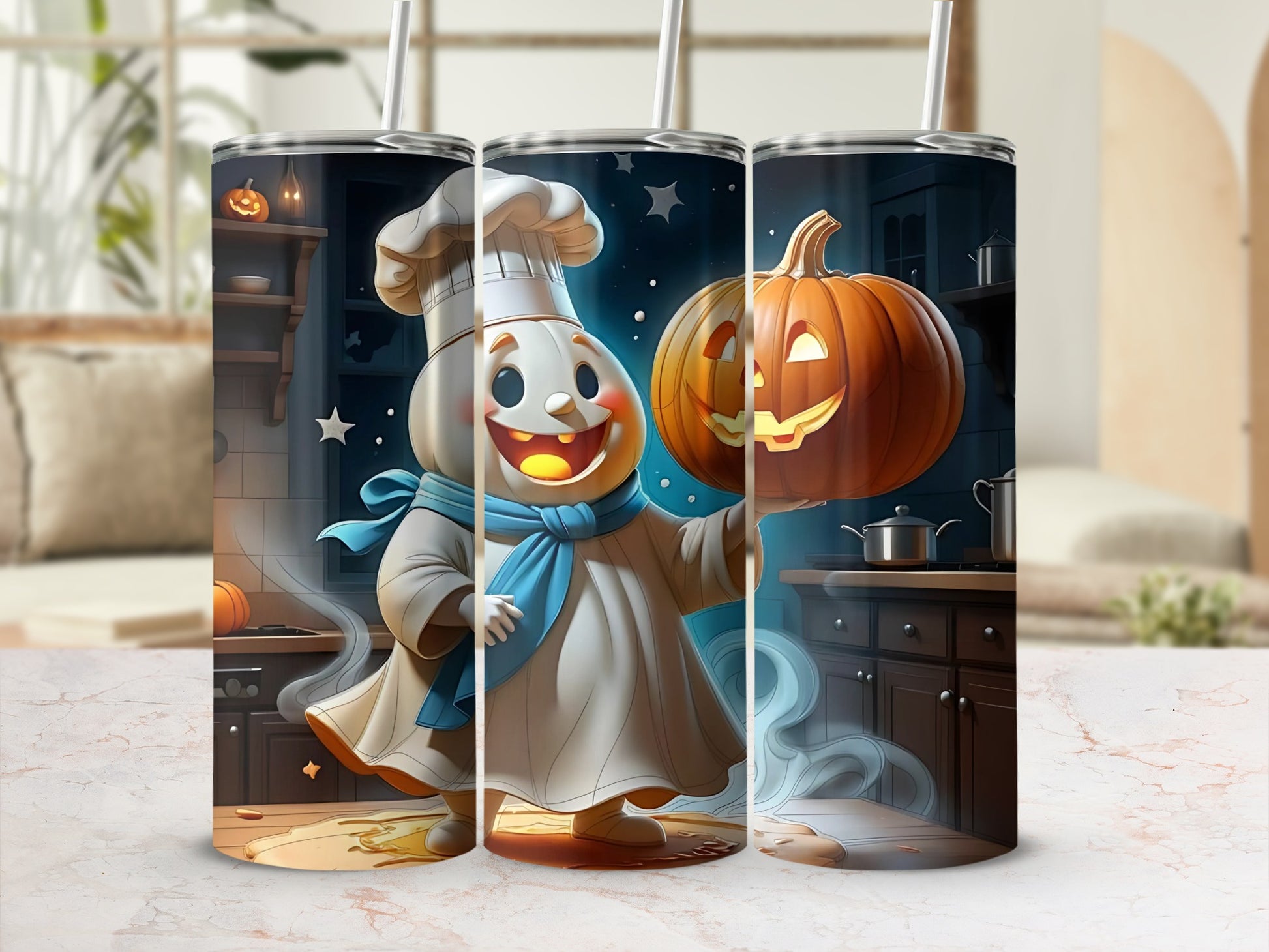 Halloween Chef Ghost with Pumpkin Stainless Steel Tumbler