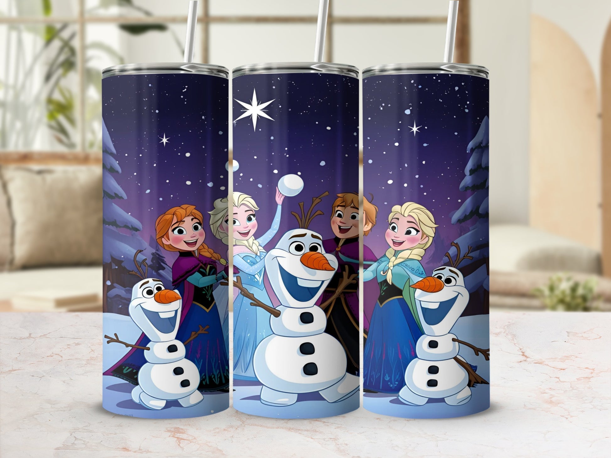 Olaf, Anna, and Elsa in a snowy forest scene.