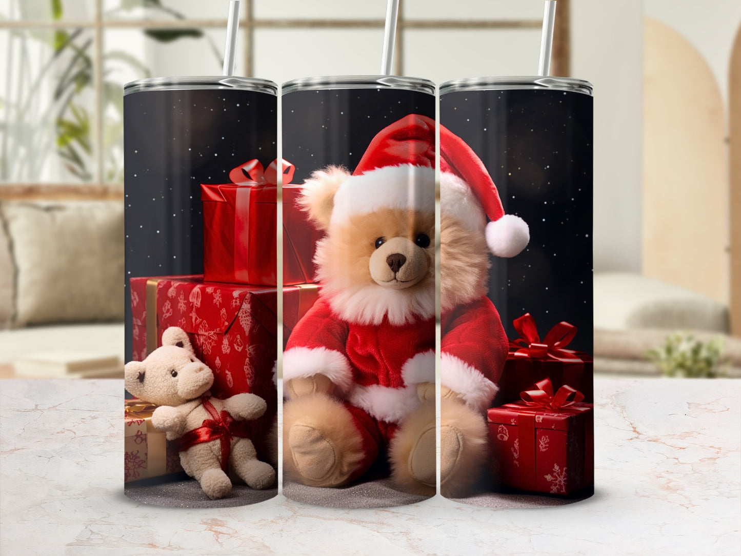 Festive Santa Teddy Bear With Gifts Winter Tumbler