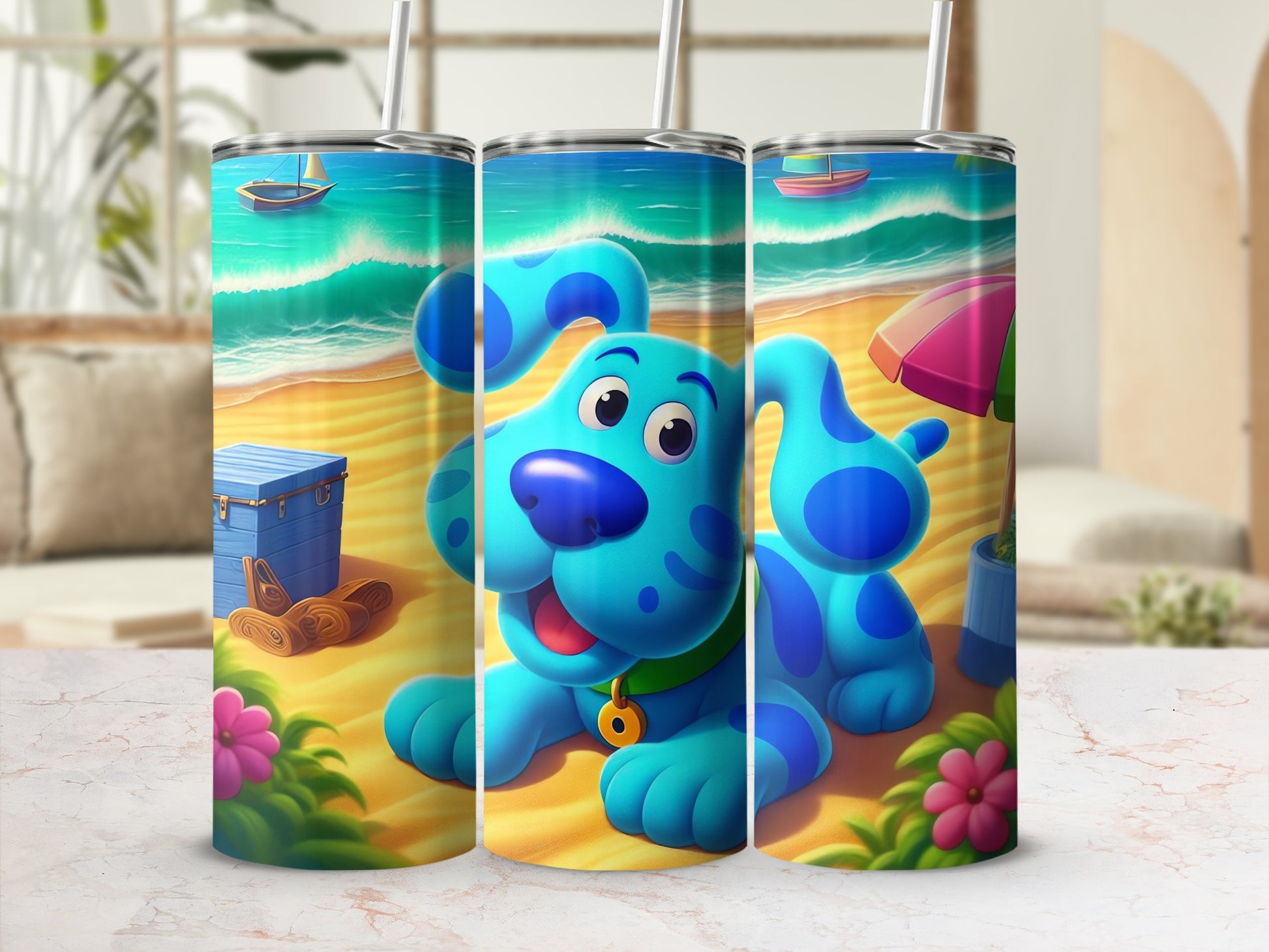 Blue Cartoon Dog Beach Scene Design Tumbler