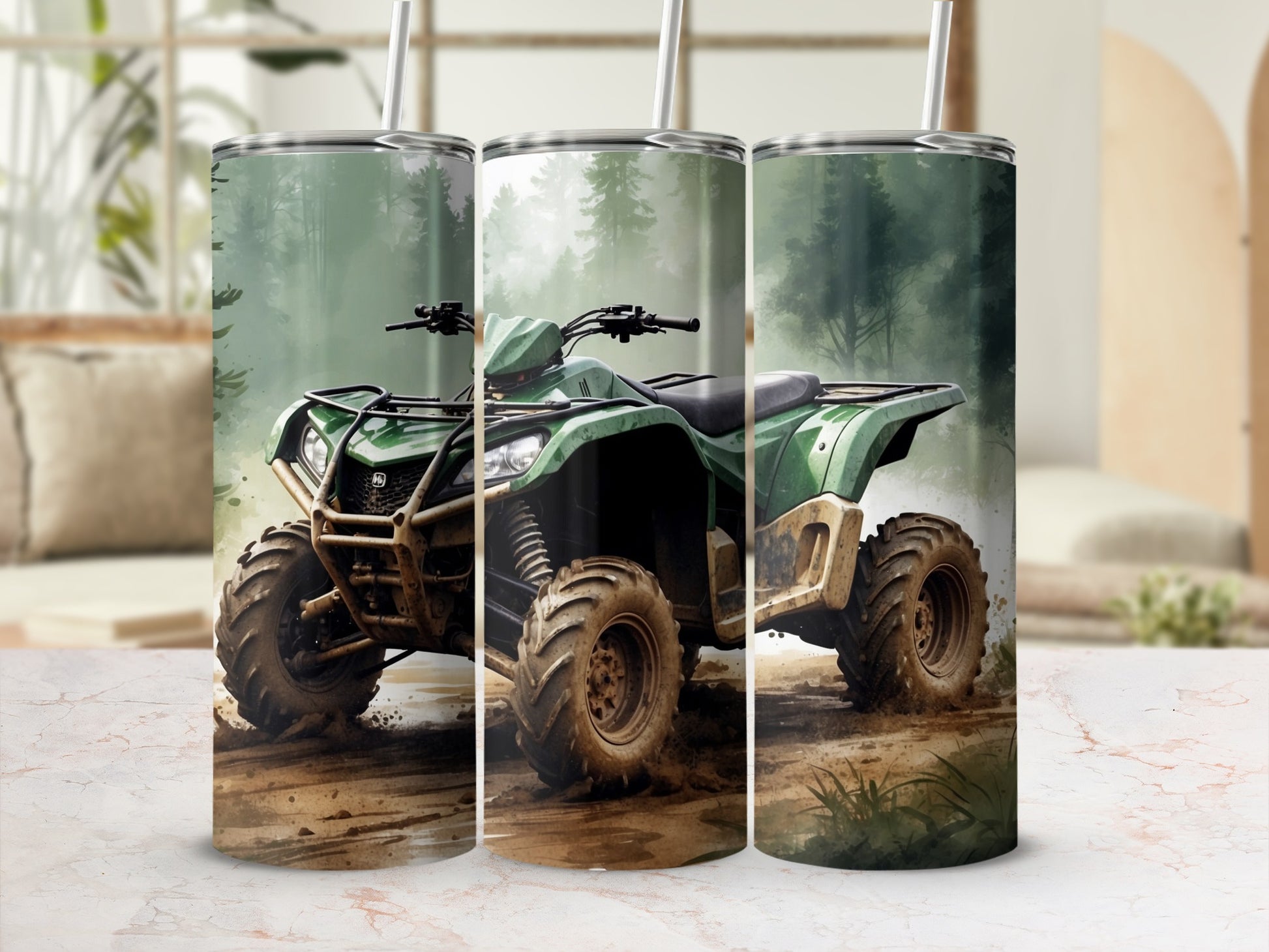 Green ATV with muddy tires driving on dirt path in forest scene.