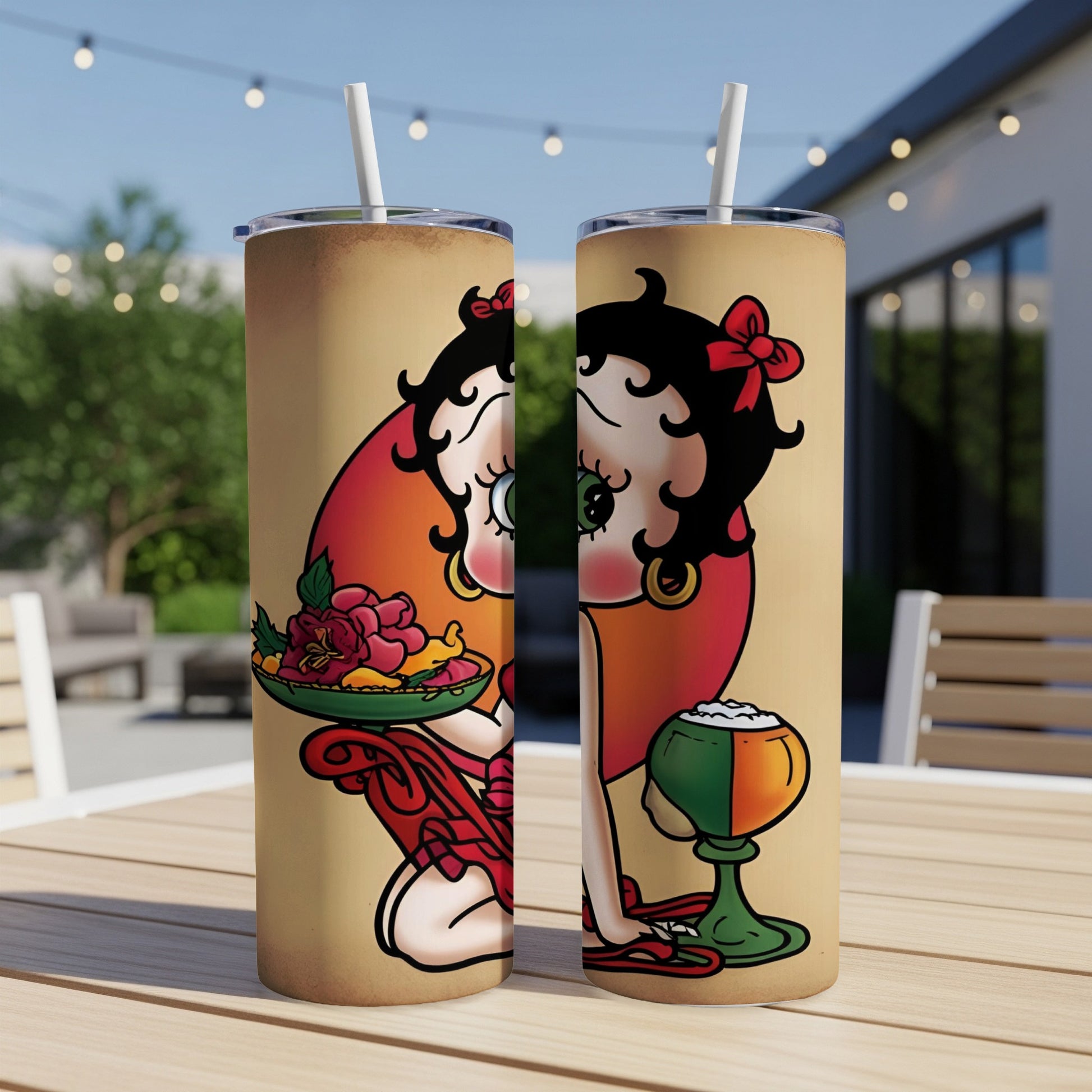 Betty Boop with flowers and a drink, on a rustic background.