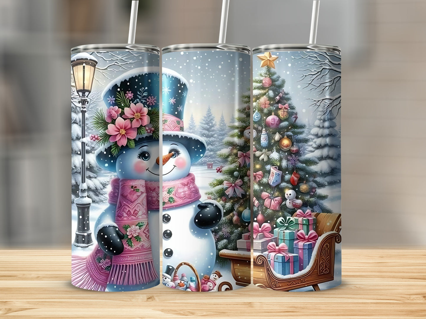 Snowman Christmas Tree Scene Insulated Tumbler Cup