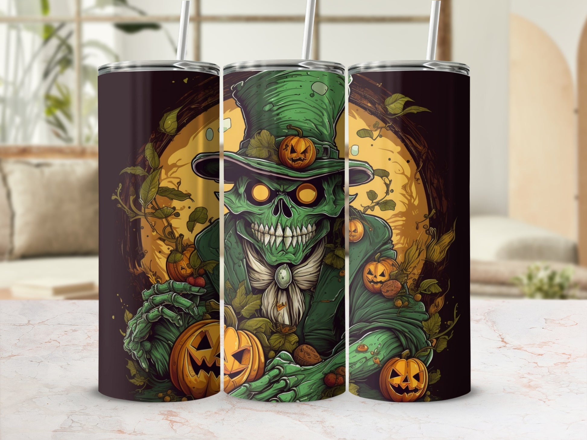 Three tumblers with a spooky green skeleton wearing a top hat and holding pumpkins.