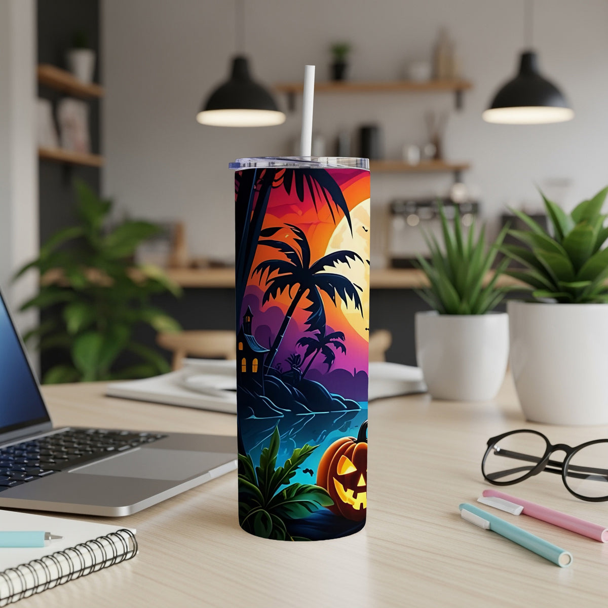 Tumbler with Halloween palm trees, moon, house, and jack-o'-lantern design.