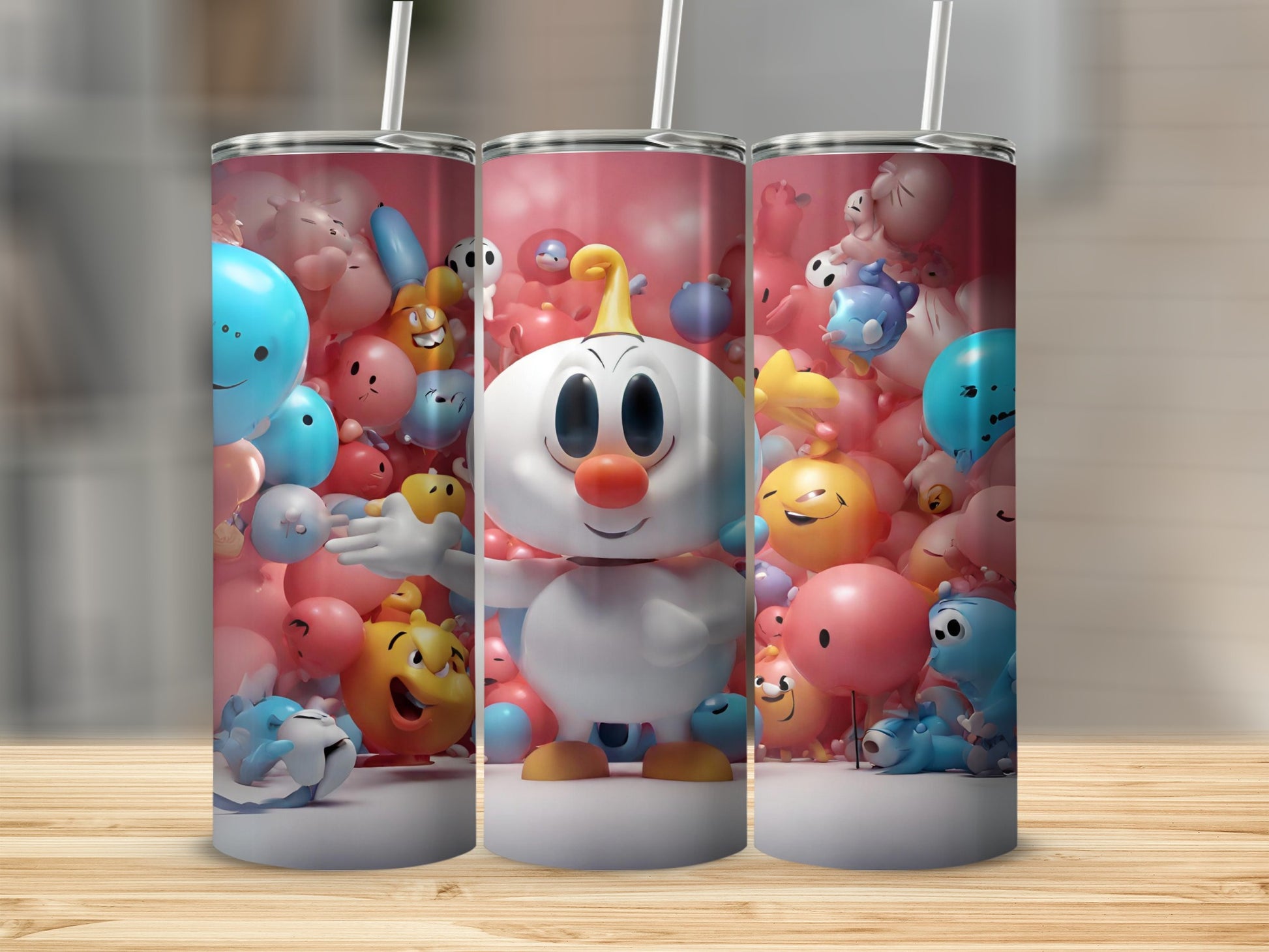 Colorful Cartoon Characters with Balloons Tumbler Product