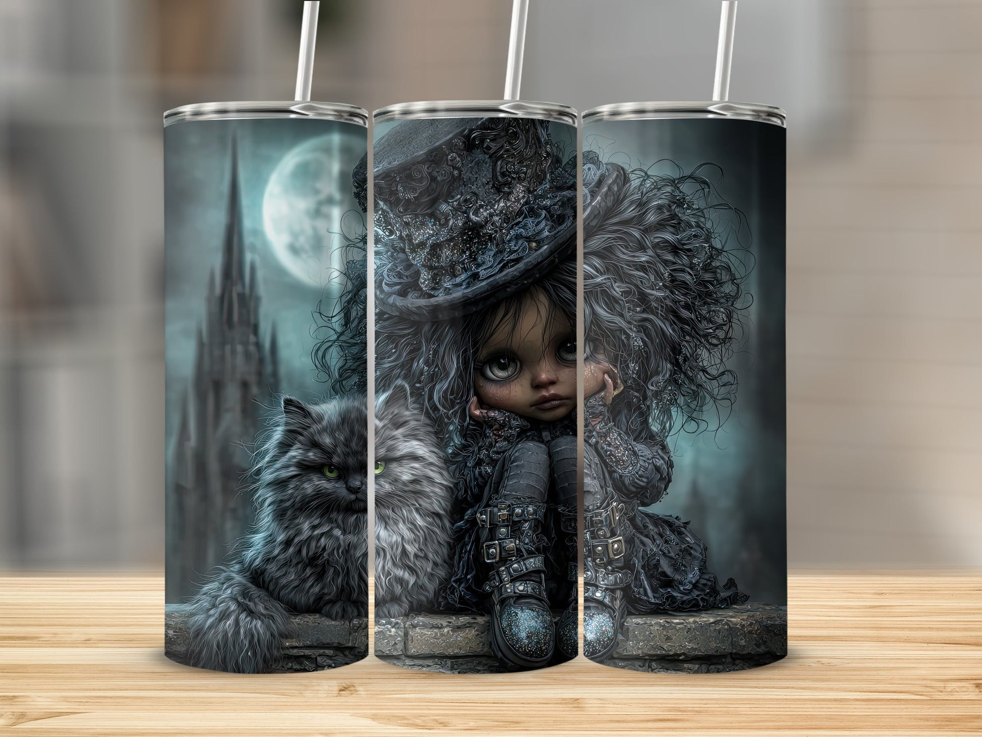 Gothic Doll and Cat Design Tumbler with Straw Product