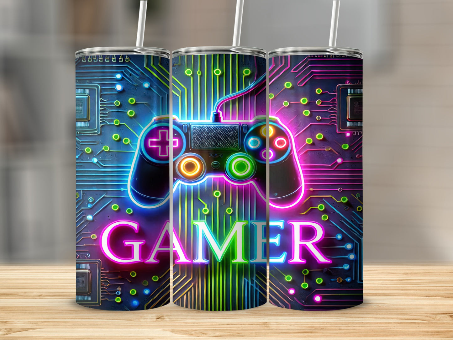 Gamer tumbler with neon video game controller and circuit board design.