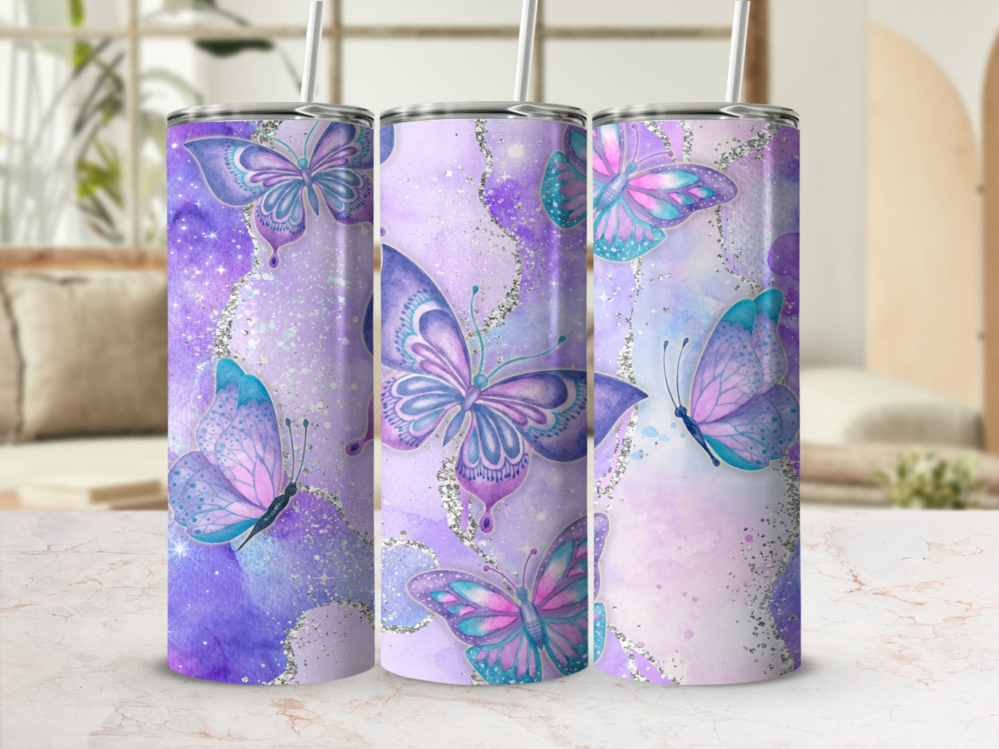 Purple Glitter Butterfly Tumbler Stunning Drinkware