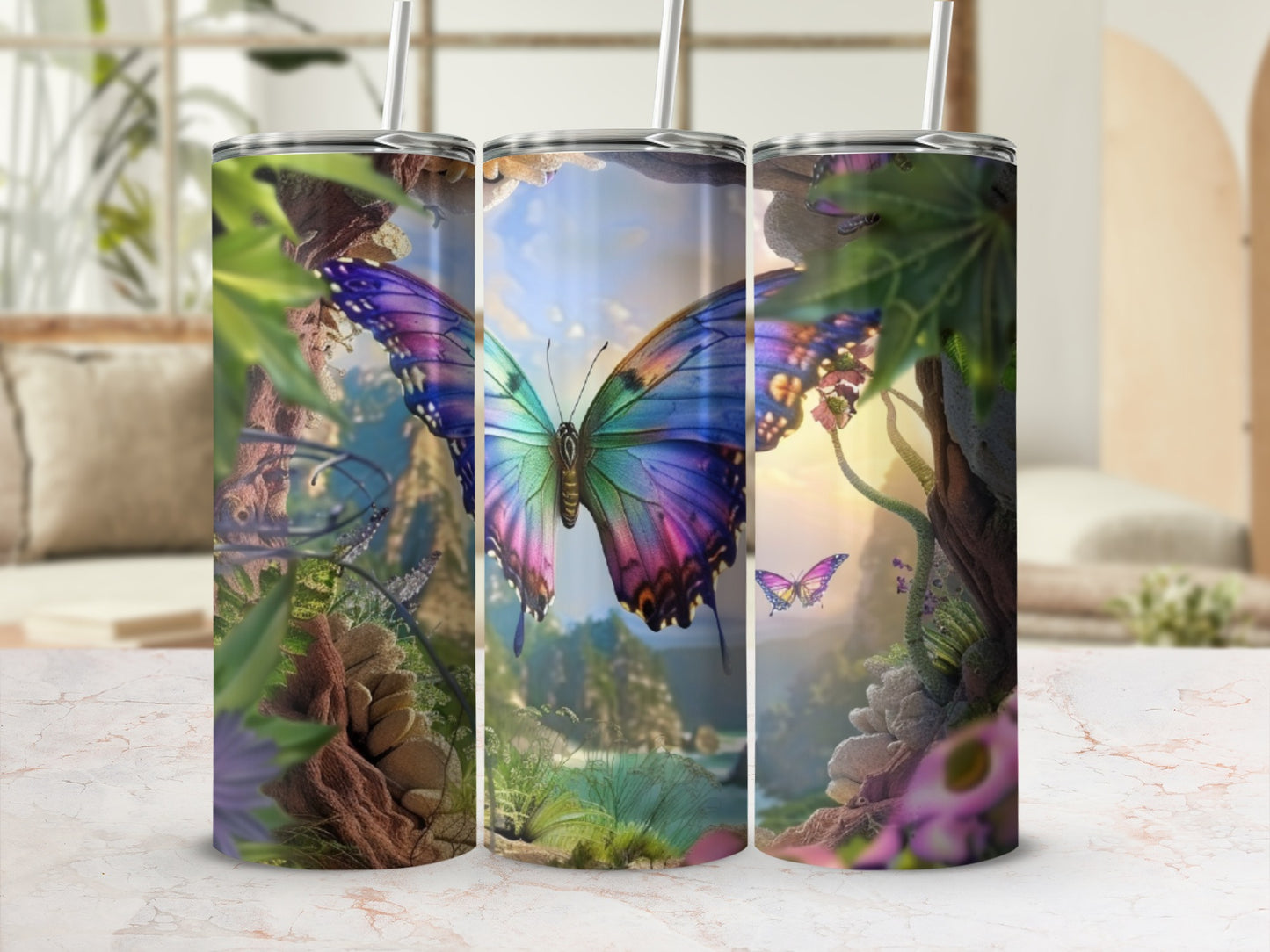 Vibrant butterfly and nature scene on a set of three tumblers.