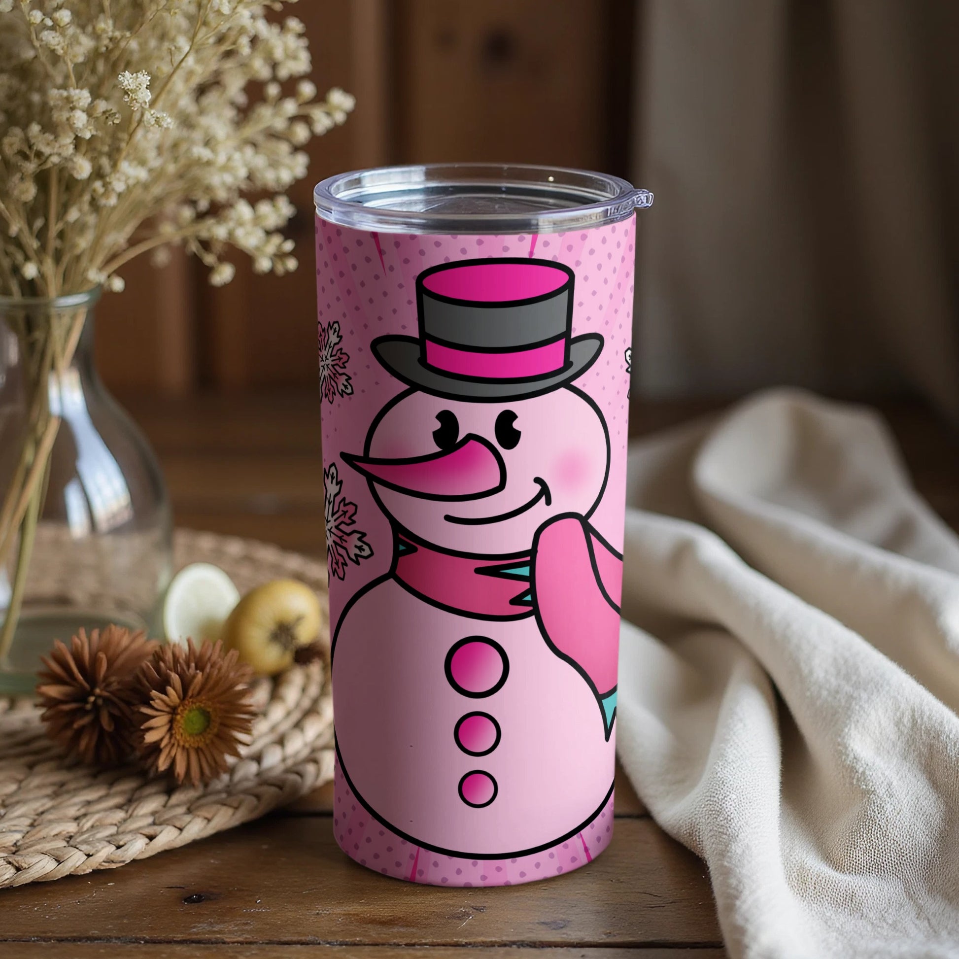 Pink Snowman Tumbler Insulated Winter Drink Cup