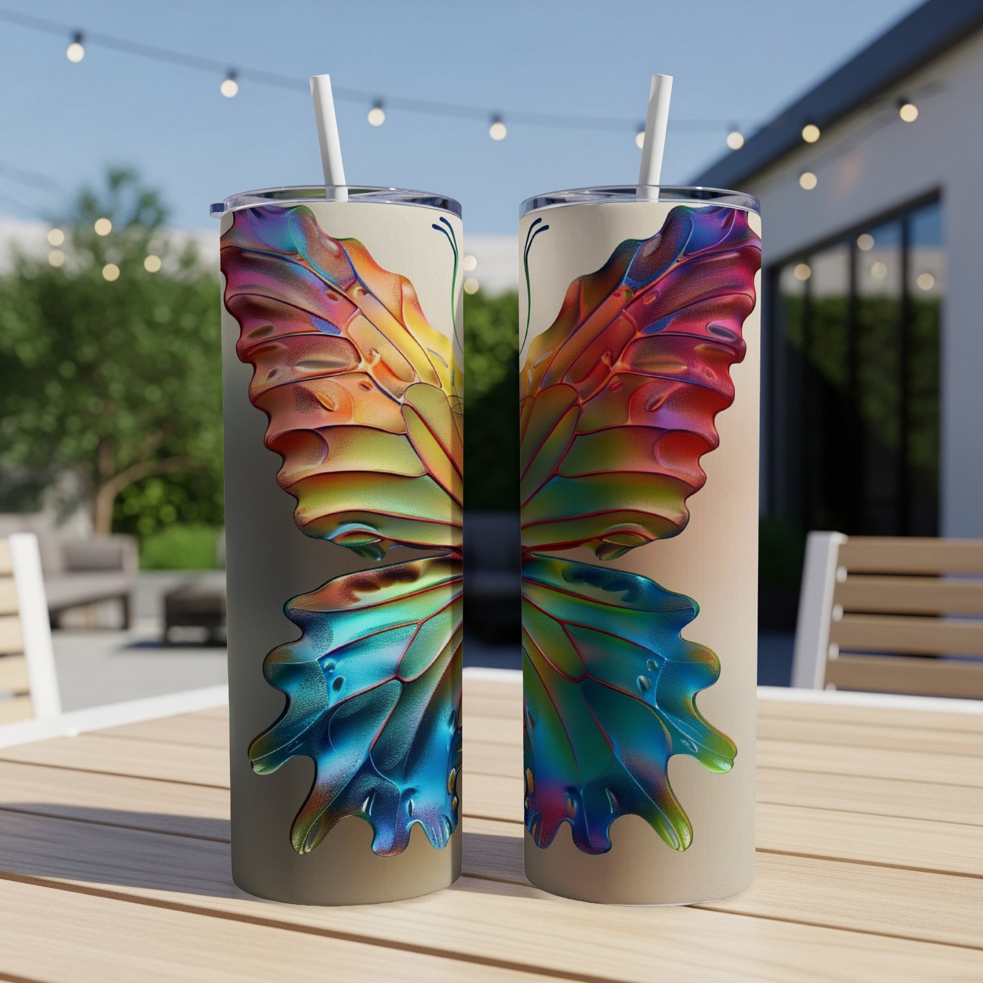 Two tall tumblers with iridescent butterfly wing design.