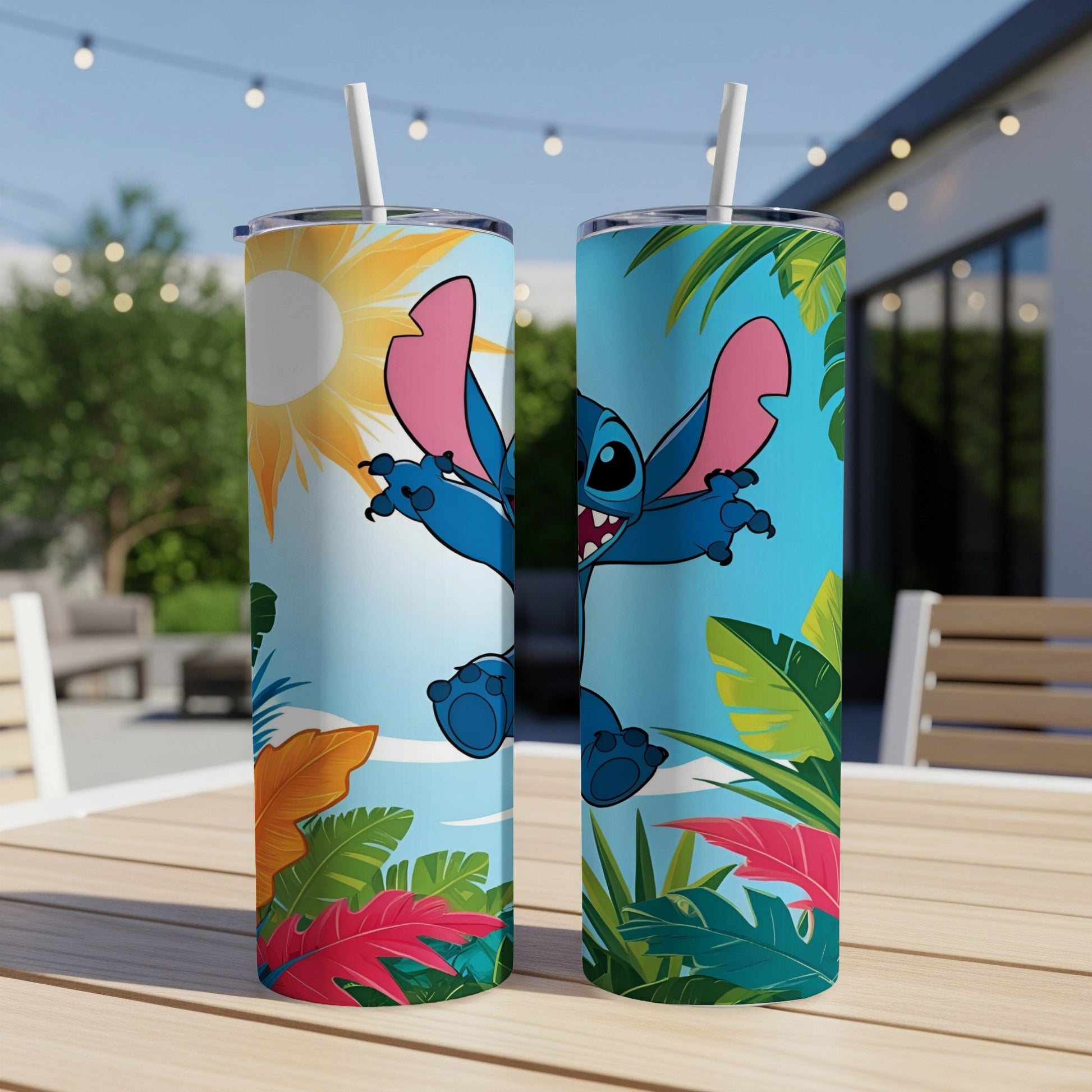 Stitch on a blue background with tropical leaves and sun.