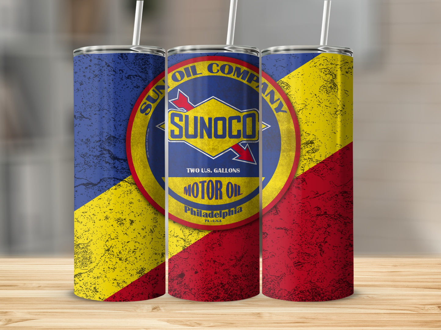 Sunoco Motor Oil tumbler with distressed U.S. flag design.
