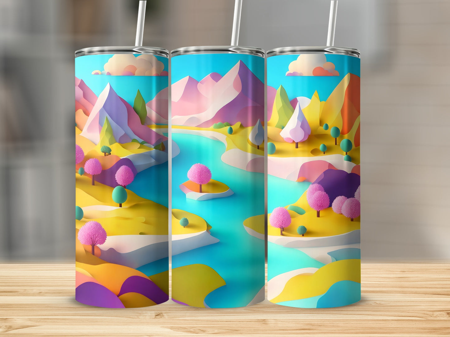 Three tumblers displaying a colorful cartoon landscape with mountains, trees, and a river.
