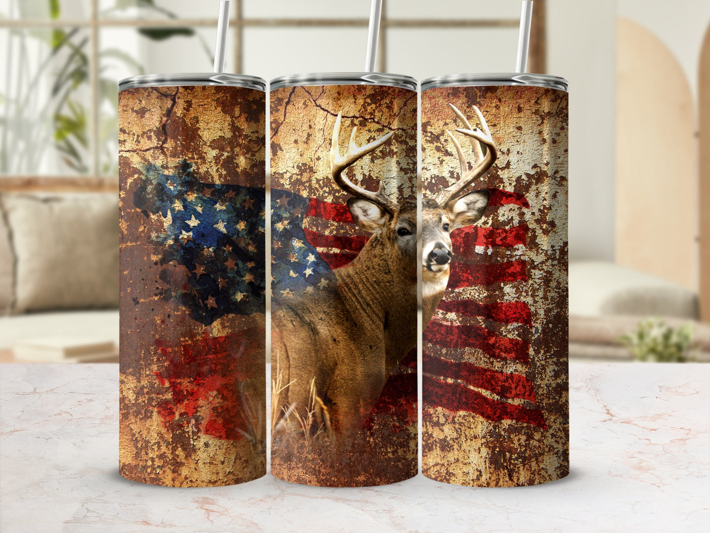 Tumbler with distressed American flag and deer.