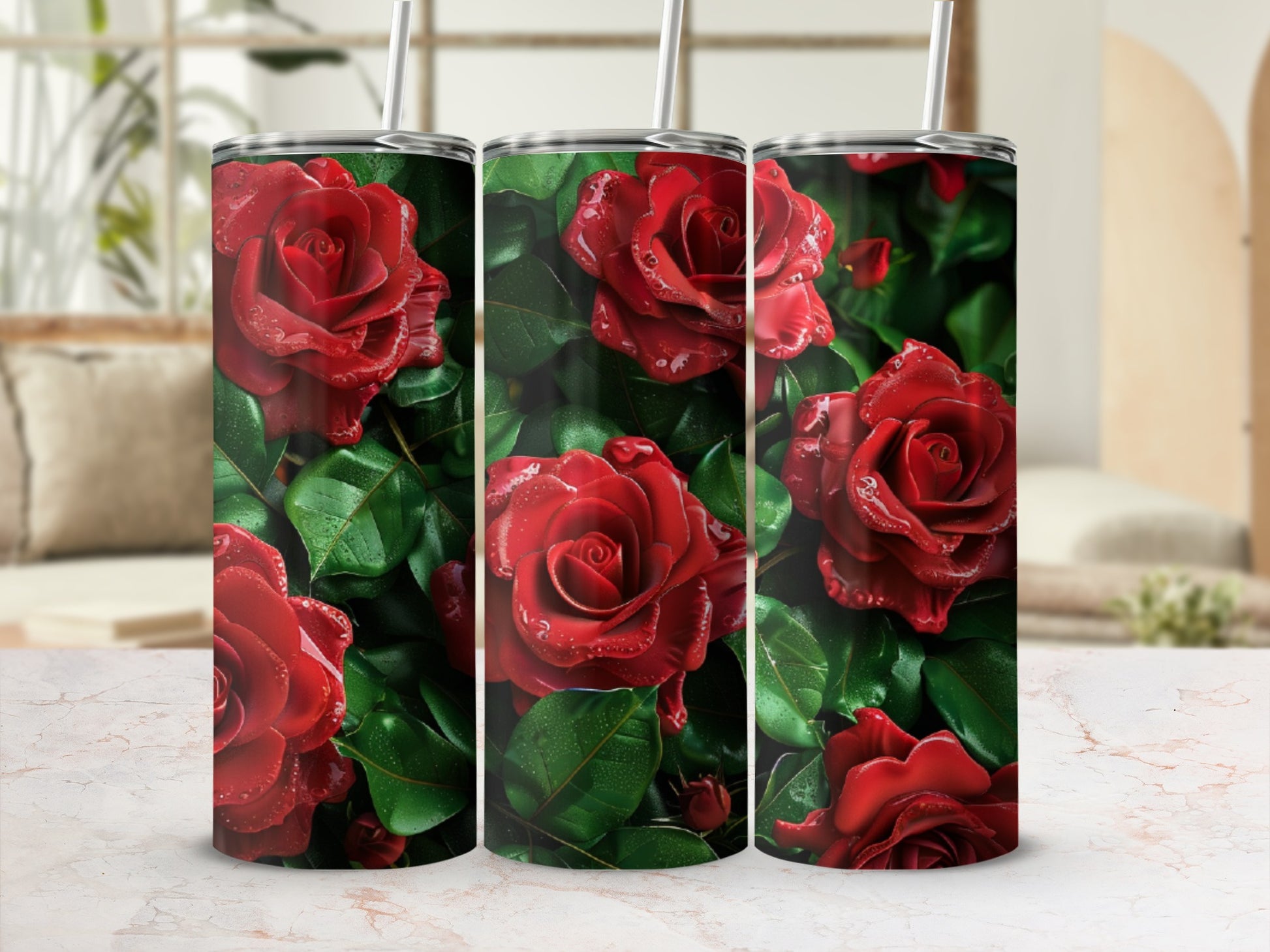 Red roses and green leaves pattern on a tumbler.