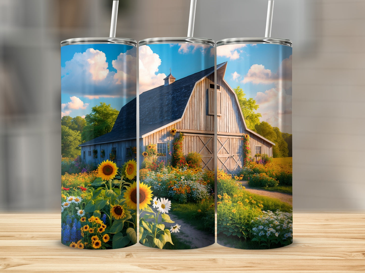 Barn and sunflowers on a wooded path under a bright sky.