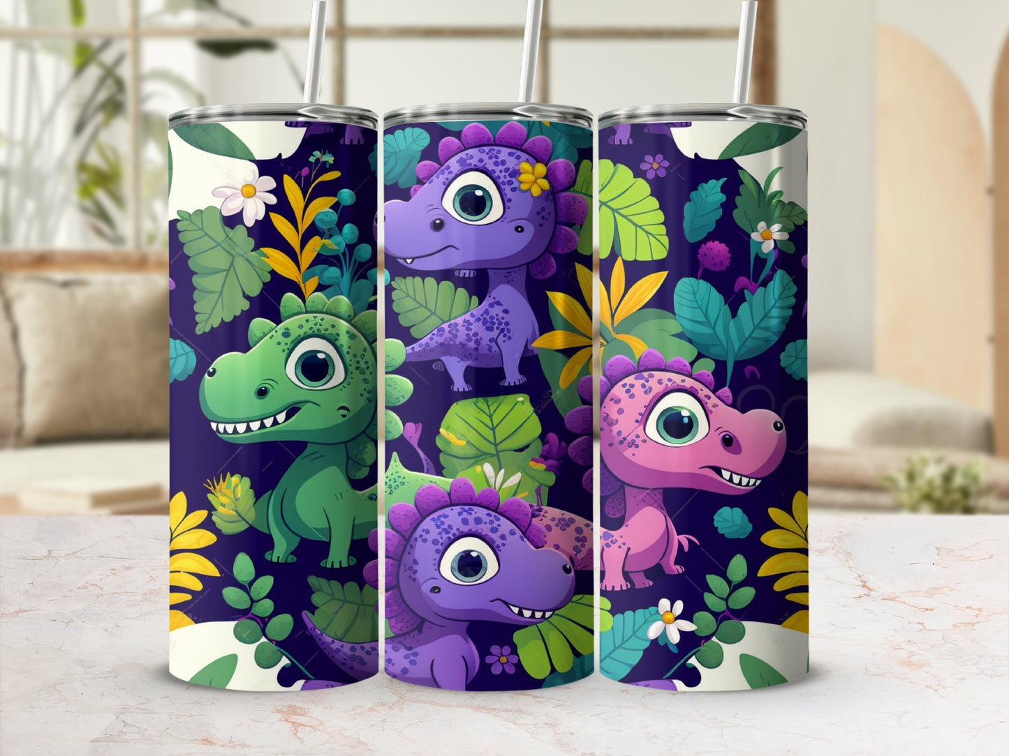Cute Baby Dinosaurs Tropical Leaves Purple Pink Green product type