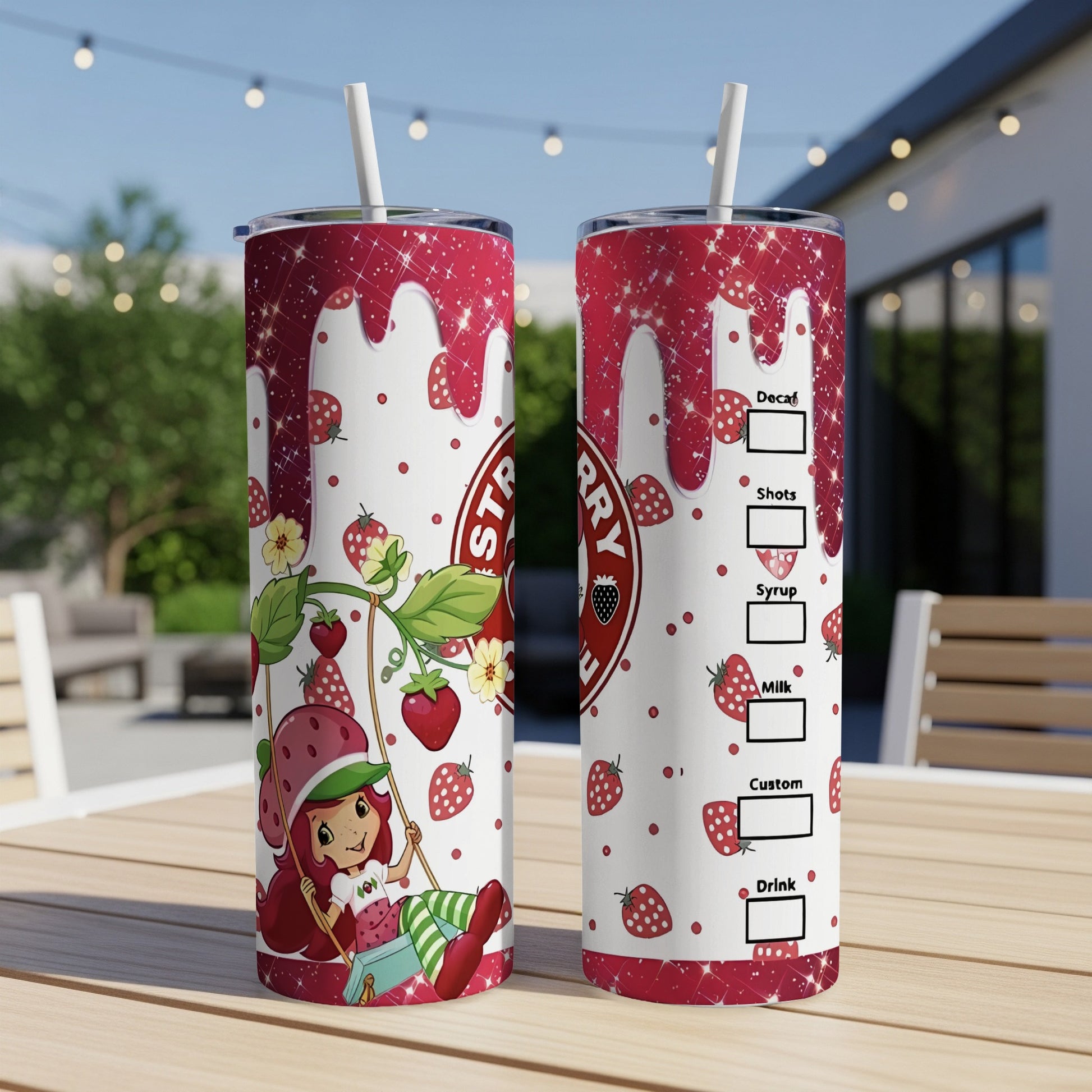 Strawberry Shortcake tumbler with strawberry drip design.