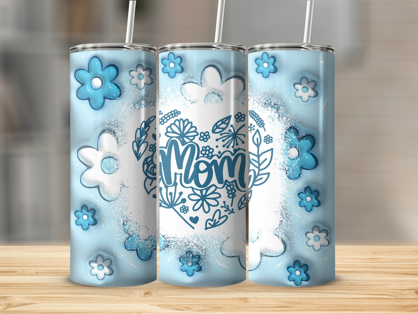 Blue Floral Design Mom Tumbler with Lid and Straw Cute Gift