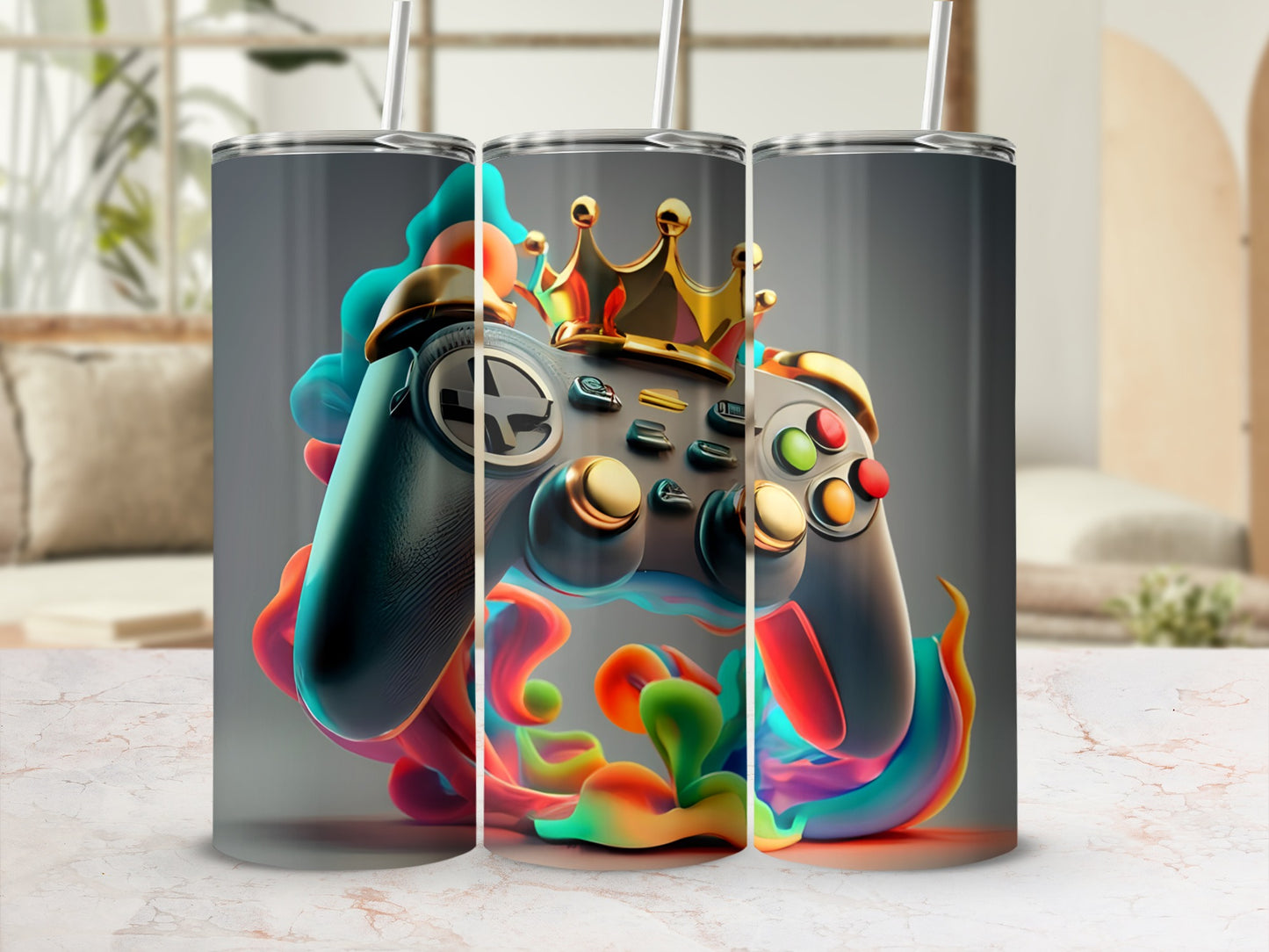 Gaming controller with crown and colorful swirling liquid design.
