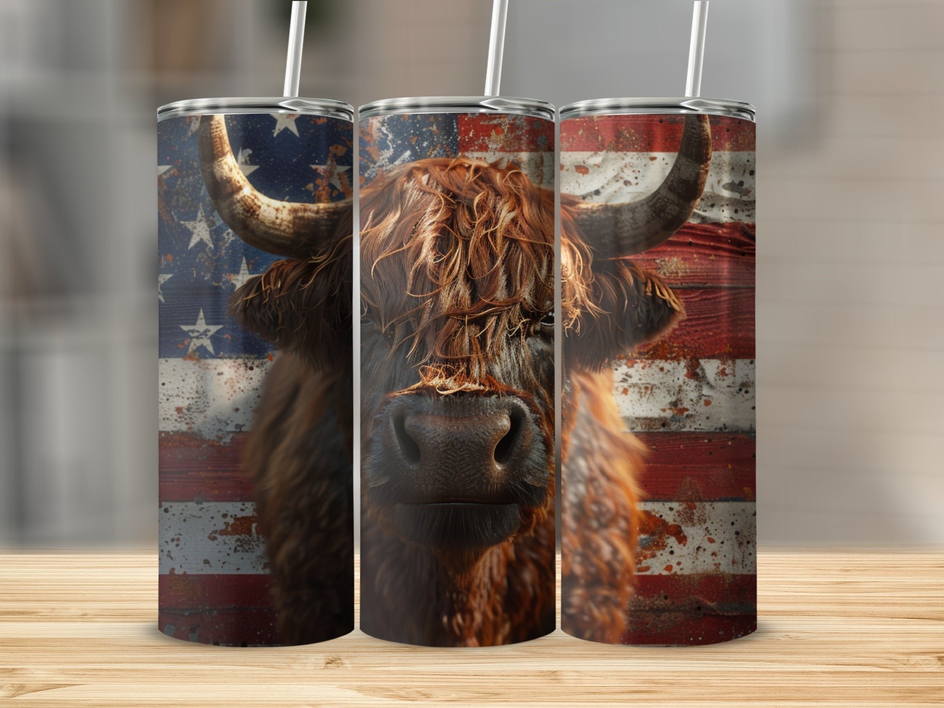 Triptych of Highland cows against a distressed American flag background.