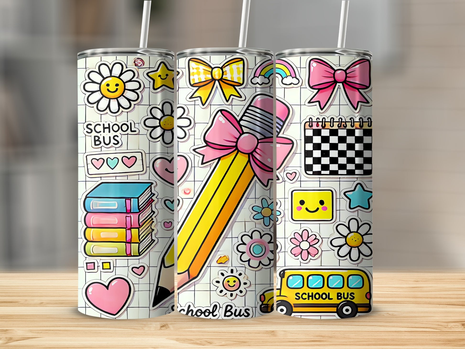 Tumblers feature school-themed stickers: pencils, books, flowers, school bus, and hearts.