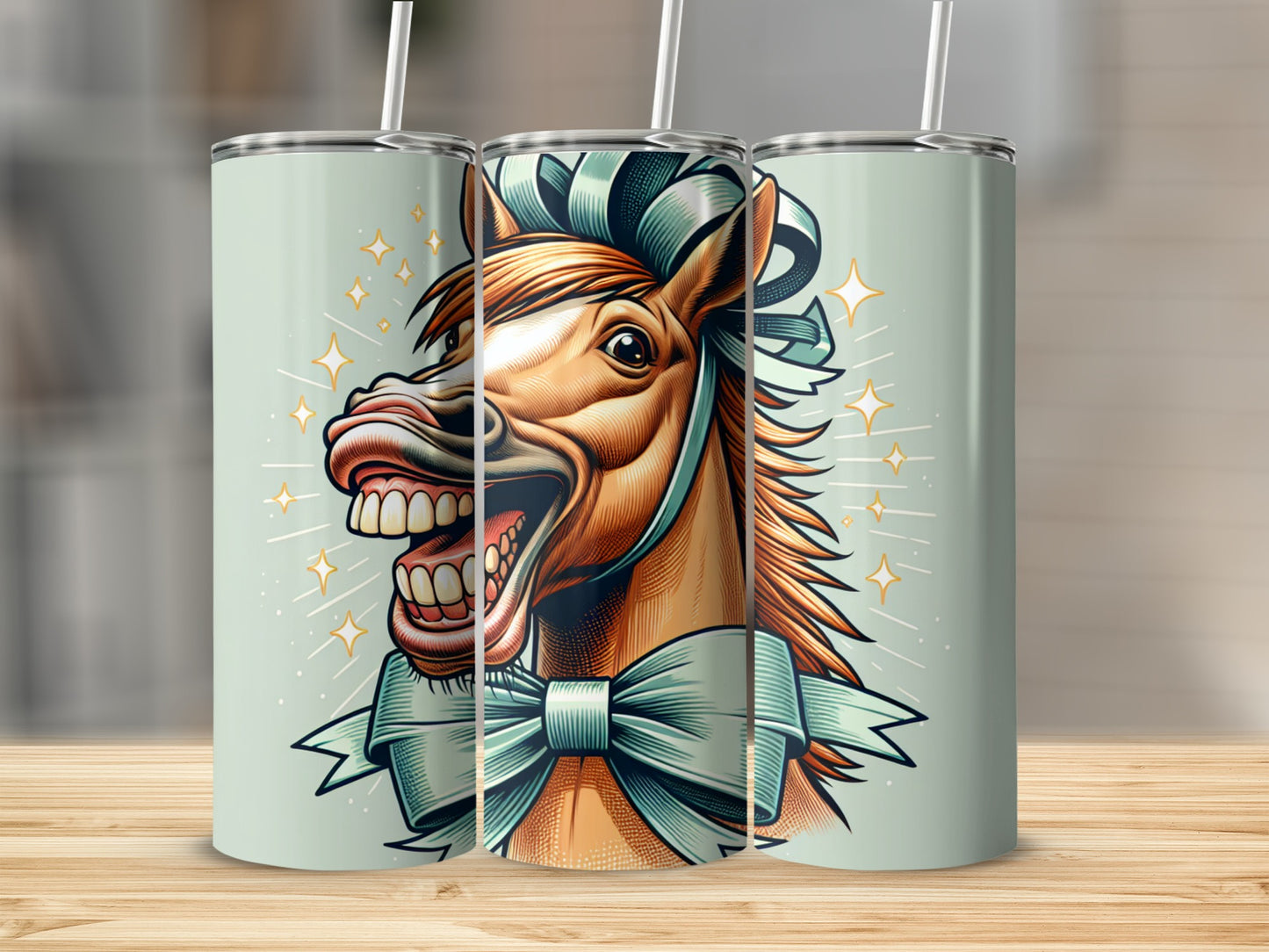 Illustration of a cartoon horse with a wide grin wearing a teal bow.